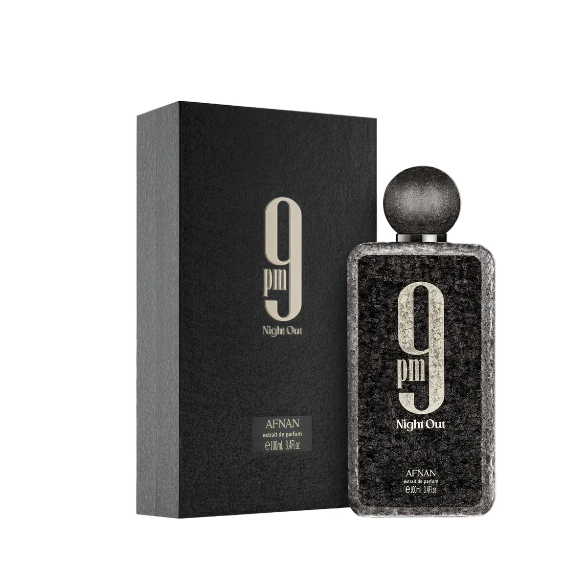 Afnan 9PM Night Out perfume bottle and packaging on a light gray background