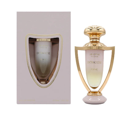 Perfume bottle and packaging with gold accents on a white background