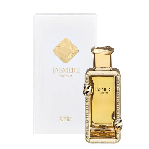 Jasmere Parfum by French Avenue in a textured gold bottle, shown next to its white packaging box with gold lettering.