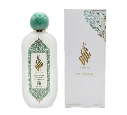 A frosted glass perfume bottle with a green marble-look cap and ornate green label, standing next to its white packaging box with gold and green detailing on a white background.