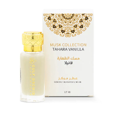 Perfume bottle and packaging of Tahara Vanilla from Musk Collection on a white background