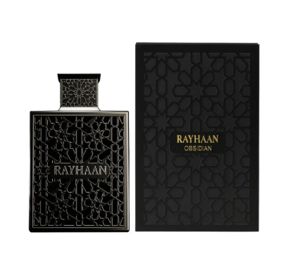 Black perfume bottle and packaging with 'Rayhaan' branding on a white background
