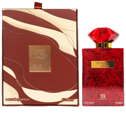 Red and gold perfume bottle with decorative box on a light gray background