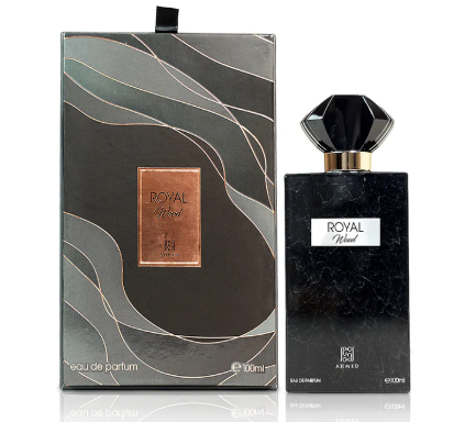 Black and gold perfume bottle with packaging labeled 'Royal Wood' on a white background