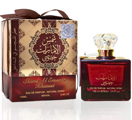 Shams Al Emarat Thususi perfume bottle and packaging on a white background