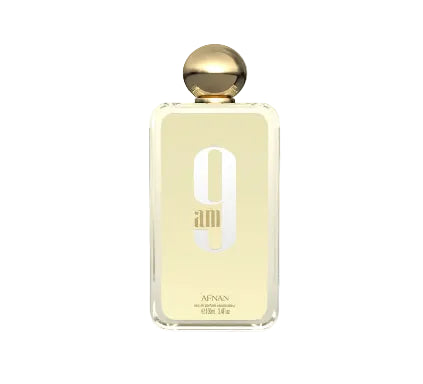 Perfume bottle with gold cap and '9' design on a light gray background