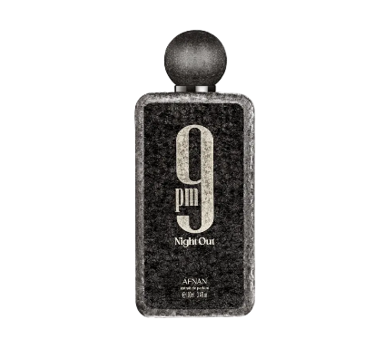 Perfume bottle labeled '9 PM Night Out' by Afnan on a light gray background