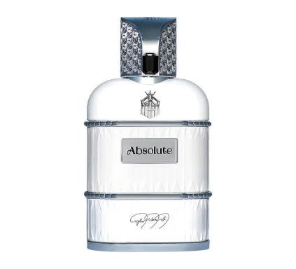 Perfume bottle labeled 'Absolute' with a silver cap on a white background