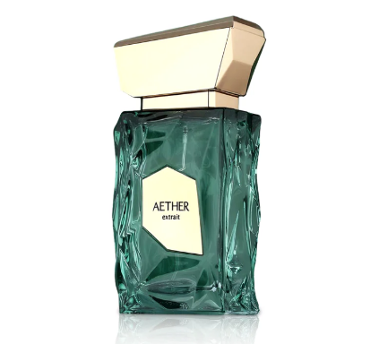 Green perfume bottle with gold cap on a white background