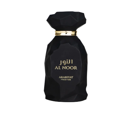 Black perfume bottle with 'Al Noor' and 'Arabiyat Prestige' text on a white background