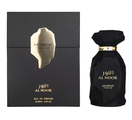 Black Arabiyat Prestige Al Noor perfume bottle and packaging on a white background