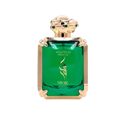 Swar Arabian perfume bottle by Arabiyat Prestige, featuring a vibrant green faceted glass body and a gold-toned metallic cap and frame, set against a plain white background.