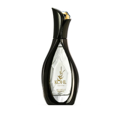 Perfume bottle with black and gold design on a white background