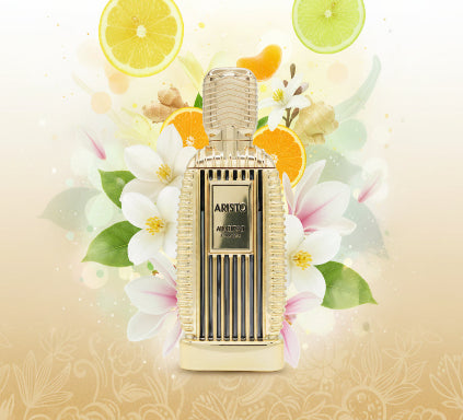 Gold perfume bottle with 'Aristo' branding on a white background