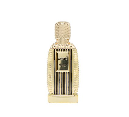 Gold perfume bottle with 'Aristo' branding on a white background
