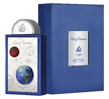 Blue perfume bottle and packaging with 'Art of Universe' design on a white background