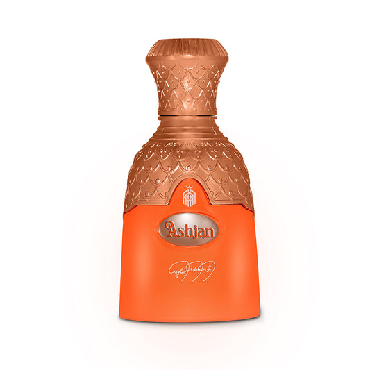 Decorative bottle with a textured copper top and orange body on a white background