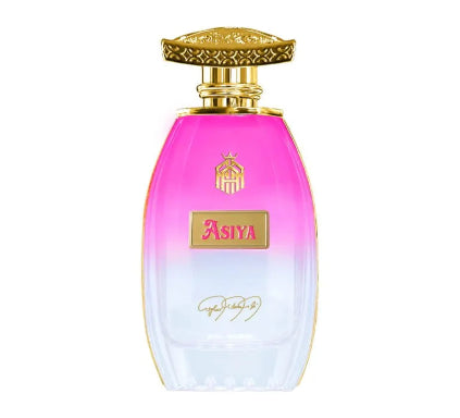 Perfume bottle with pink and white gradient and gold accents on a white background