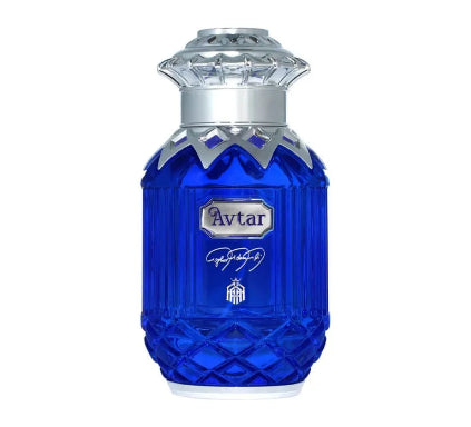 Blue Avtar perfume bottle with silver cap on a white background