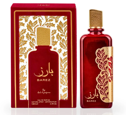 Red and gold Barez perfume bottle with packaging on a white background