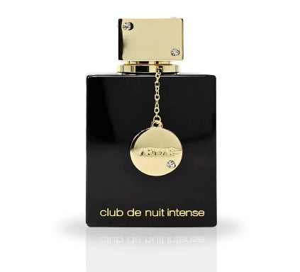 Black and gold perfume bottle labeled 'club de nuit intense' on a white background