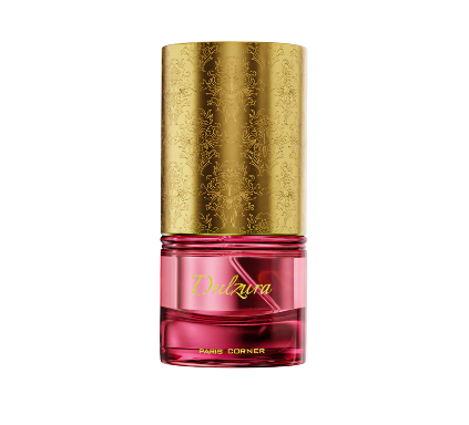 Perfume bottle with gold cap and pink body on a white background