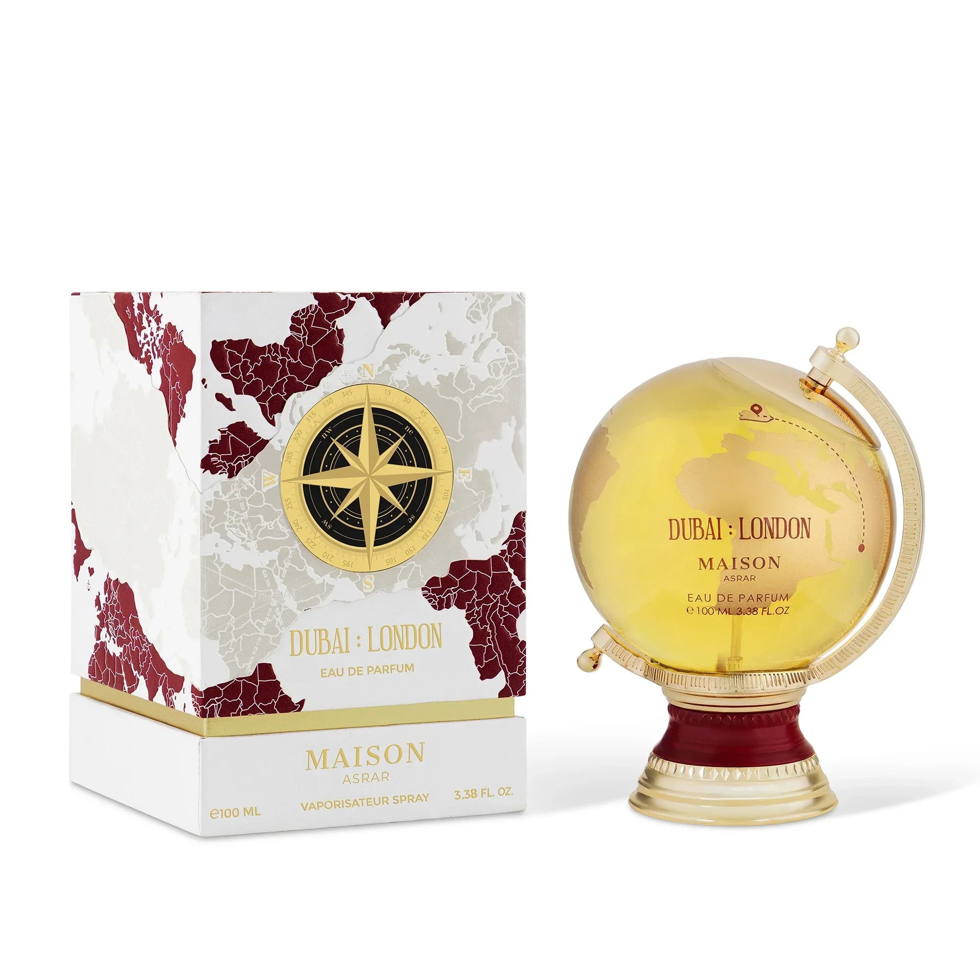 Perfume bottle and packaging with 'Dubai London' branding on a white background