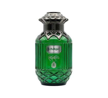 Green perfume bottle with silver cap on a white background