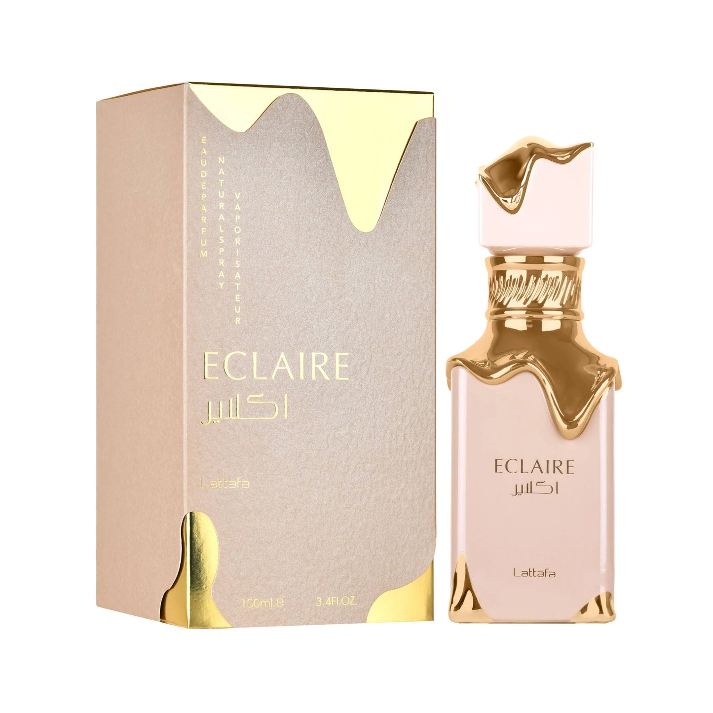 Eclaire perfume bottle and packaging on a white background