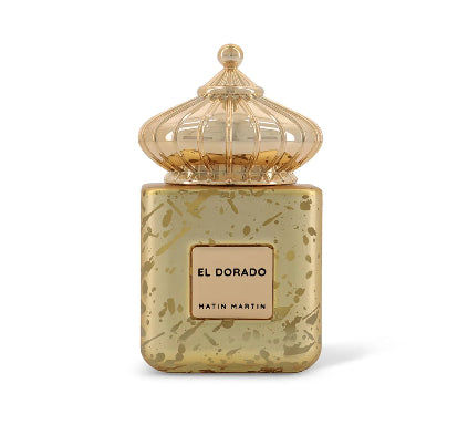 Perfume bottle with gold cap and decorative label on a white background