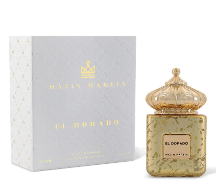 Matin Martin El Dorado perfume bottle and packaging on a white background
