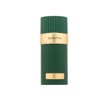 A dark green ribbed cylindrical bottle with a gold band around the middle featuring the brand name 'SANTAL' in black text, and a small gold plaque near the bottom, set against a plain white background.