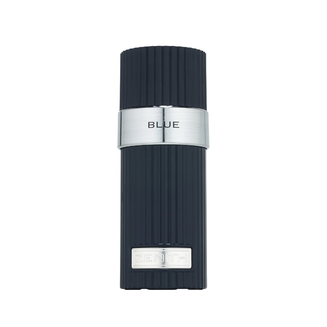A slim, ribbed cylindrical cosmetic container in a dark blue-gray color with a polished silver metallic band around the middle. The word 'BLUE' is printed on the silver band, and a silver logo plate is visible near the bottom.