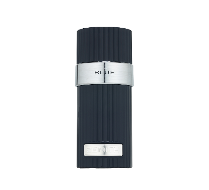 A slim, ribbed cylindrical cosmetic container in a dark blue-gray color with a polished silver metallic band around the middle. The word 'BLUE' is printed on the silver band, and a silver logo plate is visible near the bottom.