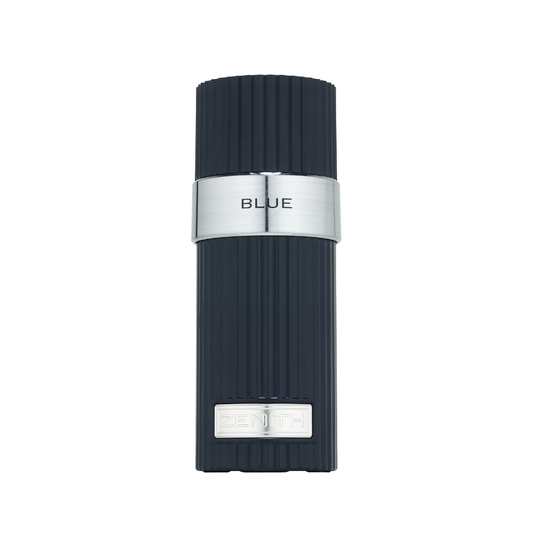 A slim, ribbed cylindrical cosmetic container in a dark blue-gray color with a polished silver metallic band around the middle. The word 'BLUE' is printed on the silver band, and a silver logo plate is visible near the bottom.