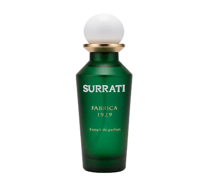 Green Surrati perfume bottle on a white background