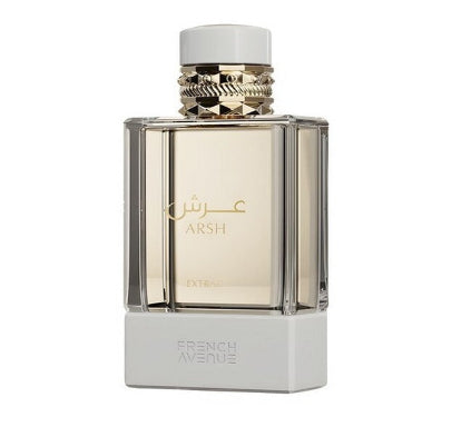 French Avenue Arsh Extraordinary perfume bottle with a clear glass body showing pale gold liquid, a white cap, and gold lettering on a white base.