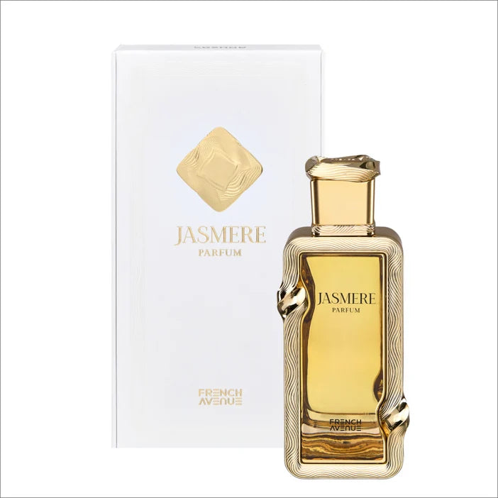 Jasmere Parfum by French Avenue in a textured gold bottle, shown next to its white packaging box with gold lettering.