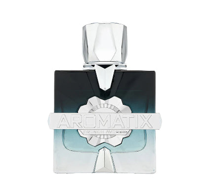 Perfume bottle with silver cap and 'Aromatix' branding on a white background