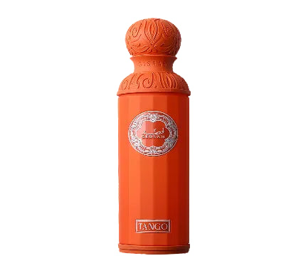 An orange Gissau Tango perfume bottle with a matching ornate cap, featuring a silver circular emblem and a silver 'TANGO' label on a plain white background.
