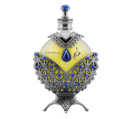 Decorative perfume bottle with intricate design and blue accents on a white background