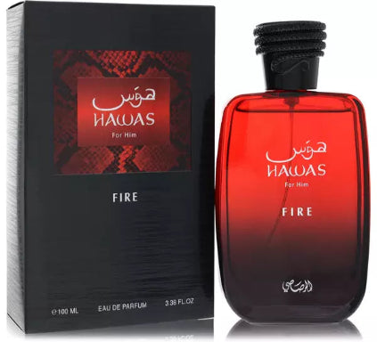 Hawas Fire perfume bottle and packaging on a white background