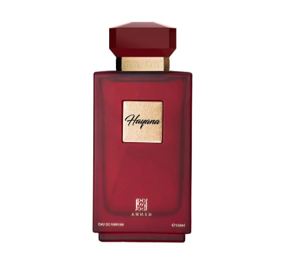 Red perfume bottle with gold cap on a white background