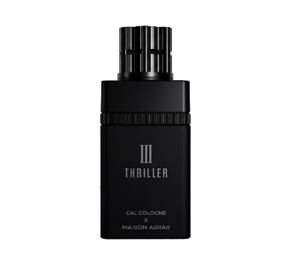 Black perfume bottle labeled 'III Thriller' by CAL COLOGNE x MAISON ASRAR on a white background
