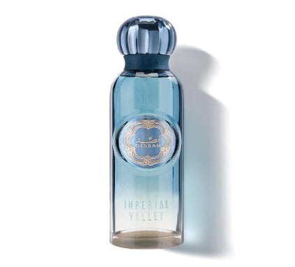 Blue perfume bottle with a visible brand logo on a white background