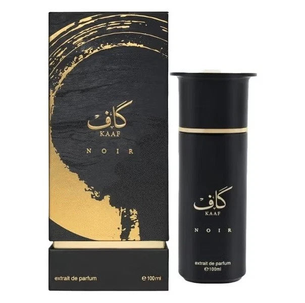 Black and gold perfume bottle and packaging of KAAF Noir on a white background