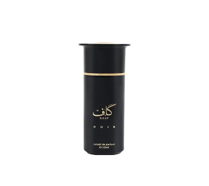 A sleek, matte black cylindrical perfume bottle with a gold band and gold lettering, featuring the brand name KAAF and the scent name NOIR, set against a plain white background.