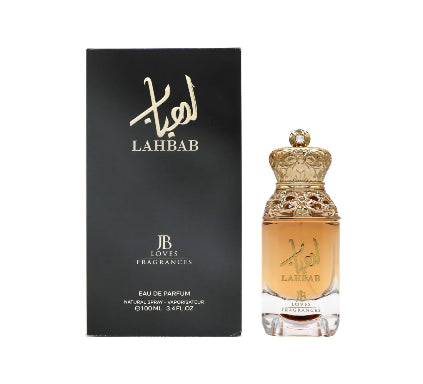 Perfume bottle and packaging with 'Lahbab' branding on a white background