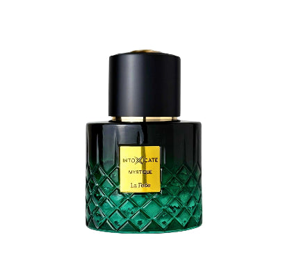 Perfume bottle with green base and black cap on a white background