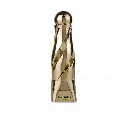 Gold bottle with 'La-Di-Da' branding on a white background